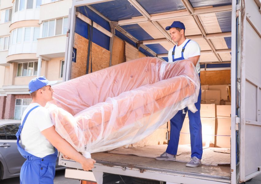 two movers loading a pink velvet couch into the back of a large truck